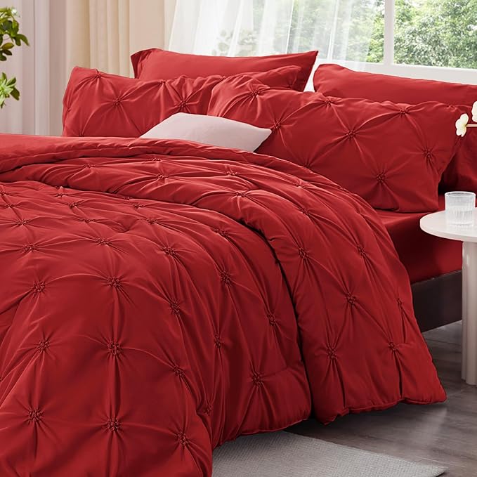 BEDELITE Red King Size Comforter Set - 3 Pieces Boho Pintuck Bedding Comforter Sets, Lightweight Soft & Warm King Bedding Set with 2 Pillowcases for All Season