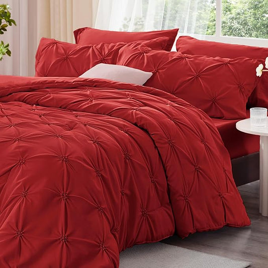 BEDELITE Red King Size Comforter Set - 3 Pieces Boho Pintuck Bedding Comforter Sets, Lightweight Soft & Warm King Bedding Set with 2 Pillowcases for All Season