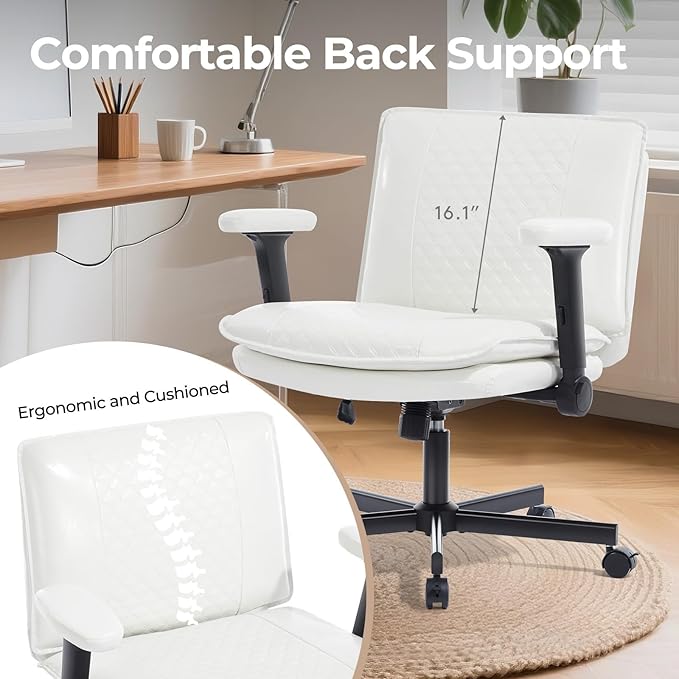 Criss Cross Chair with Flip-Up Arms and Lockable Wheels, Leather Cross Legged Office Desk Chair,Wider 125°Tilting Adjustable Swivel Computer Chair for Home, Apartment, Bedroom,White
