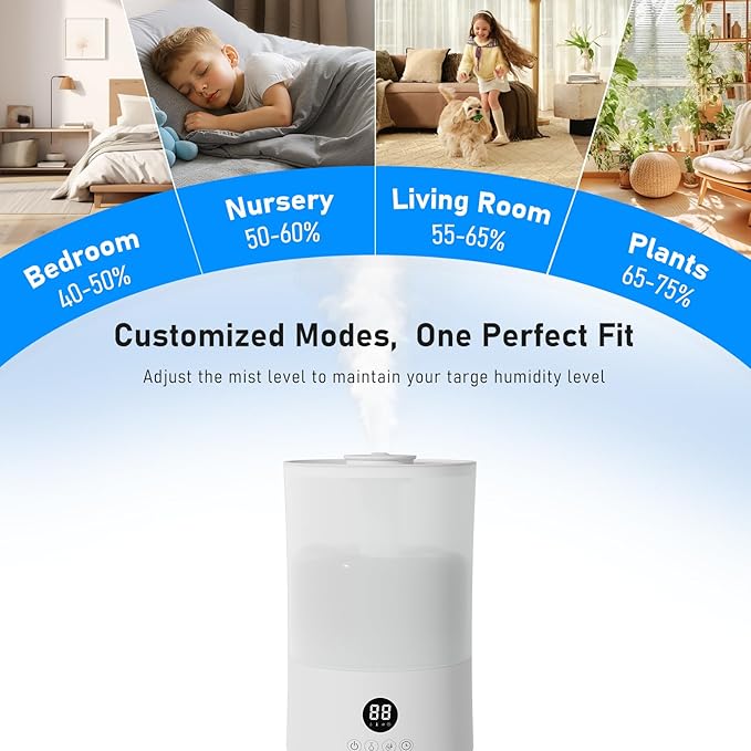 Humidifiers for Bedroom, 1.1Gal Top Fill Humidifier for Large Room, 250ml/h Cool Mist Output Humidificador, 24dB Quiet Air Humificador with Remote, Easy to Fill & Clean, fit Indoor Plants (White)