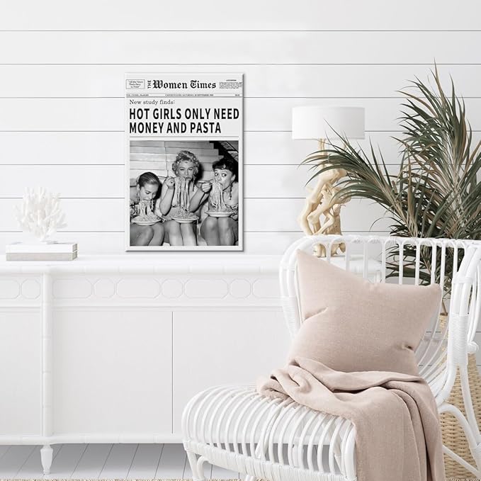 Vintage Women Times Newspaper Canvas Wall Art Black and White Aesthetic Poster Funky Hot Girl Eating Pasta Fashion Prints for Italian Kitchen Bar Cart Girly Dorm Room Art Posters 12x16inch Framed