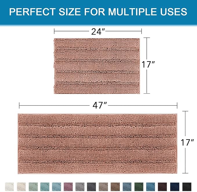H.VERSAILTEX 2 Piece Set Bathroom Rugs Bath Mats Sets Super Absorbent Chenille Striped Bath Mats Non Skid Machine Wash Dry Rugs for Bathroom Floor (Muted Clay, 47 x 17 Plus 17 x 24 - Inches)