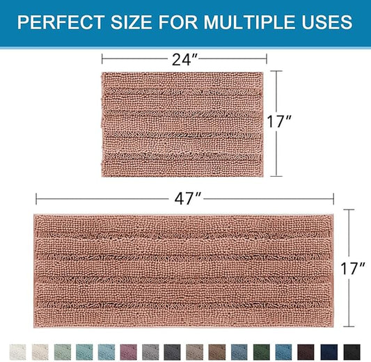 H.VERSAILTEX 2 Piece Set Bathroom Rugs Bath Mats Sets Super Absorbent Chenille Striped Bath Mats Non Skid Machine Wash Dry Rugs for Bathroom Floor (Muted Clay, 47 x 17 Plus 17 x 24 - Inches)