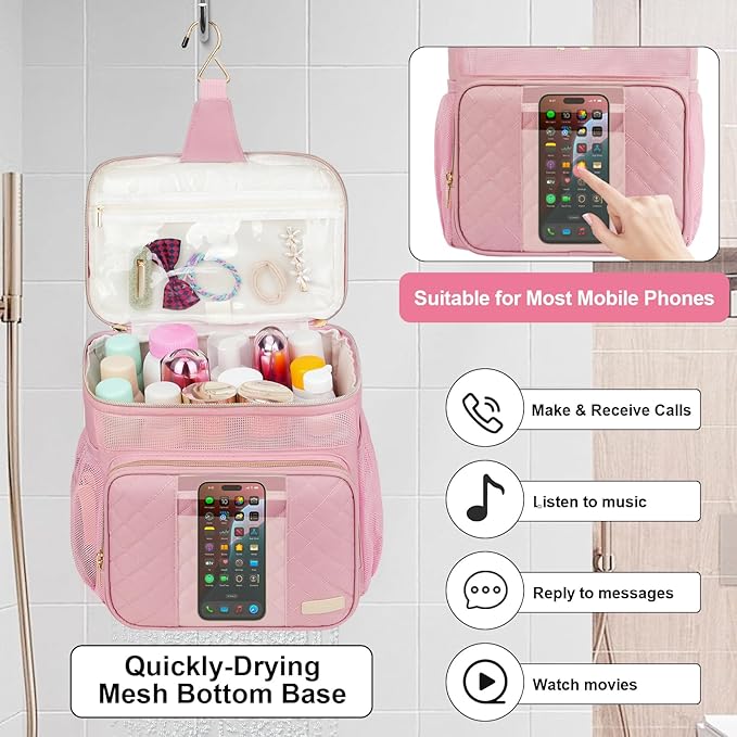 Portable Shower Caddy College, Quickly Dry Tolietry Mesh Tote Bag for Dorm Room Essentials, Hanging Bathroom Organizer Bag for Travel, Gym, Camping (Pink)