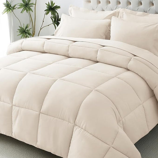 JOLLYVOGUE King Comforter Set, Ultra-Soft Bed in a Bag King Size 7 Pieces, Oeko-TEX Certified Bedding Set with Down Alternative Comforter, Sheets, Pillowcases & Shams, Beige
