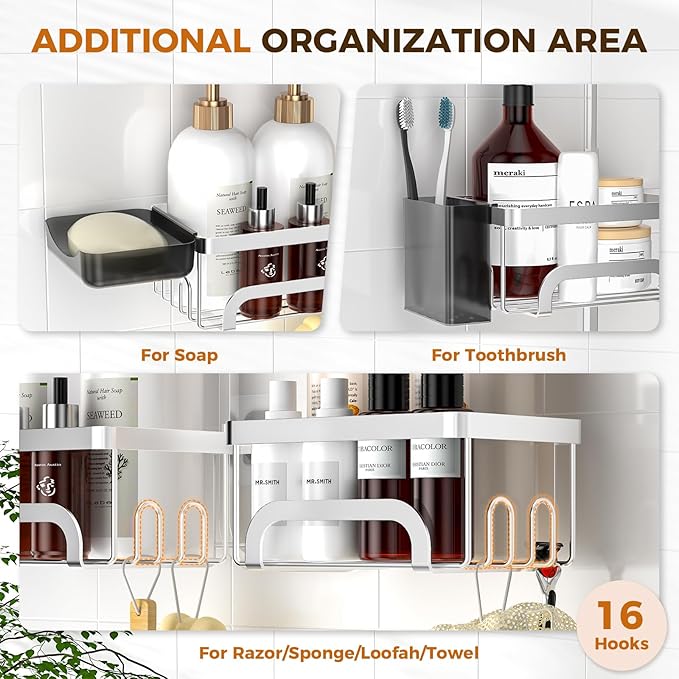 REINHARDT Adjustable Shower Caddy Hanging Split Shower Caddy for Handheld Showerheads, Rustproof Shower Organizer with Hooks for Razor Over the Head Caddy with Soap Holder Bathroom Accessories, Silver