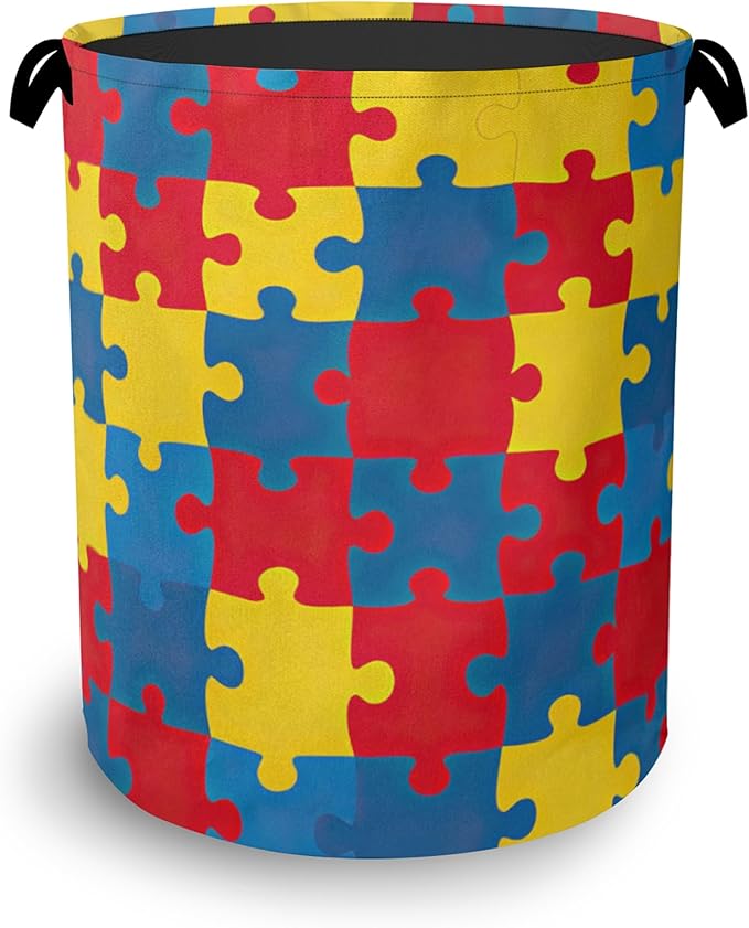 Colorful Puzzle Laundry Basket,Foldable with Handles Tote Bag Oxford Cloth for Bathroom Bedroom Dirty Clothes Storage Bucket 16" x 20.8"