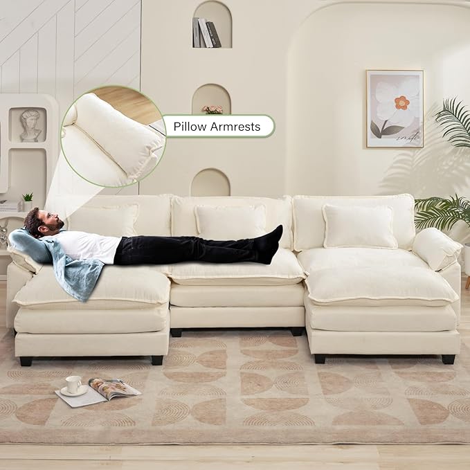 120" Modular Sectional Sofa, Comfy Cloud Couch Sectional Sofa with Ottoman, Chenille Sofa Sleeper Deep Seat Sofa with Throw Pillows for Living Room (Beige White, 120"- U Shape)
