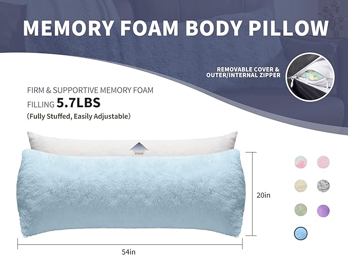 Thin Neck Pillow for loft Bed 20x54 Adjustable Back Decorative Pillows for Bed Blue Snuggle Pillows for Adults with Large Body Pillow Covers Machine Washable