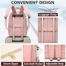 Laptop Backpack Women Work Bags - 15.6 inch Travel Backpack with USB Charger College Bookbag Waterproof Business Computer Backpack Anti-theft Casual Work Backpacks for Women Nurse Teacher Beige-Pink