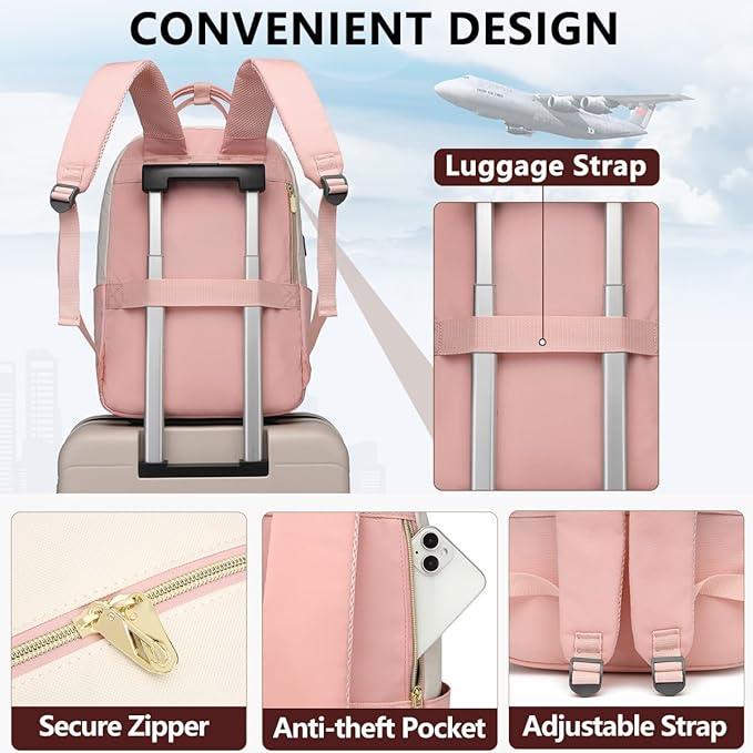 Laptop Backpack Women Work Bags - 15.6 inch Travel Backpack with USB Charger College Bookbag Waterproof Business Computer Backpack Anti-theft Casual Work Backpacks for Women Nurse Teacher Beige-Pink