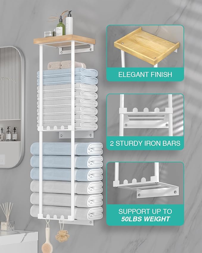 HapiRm Towel Racks for Bathroom Storage - Wall Mounted Towel Holder with Shelf, Rolled Towel Storage Bath Towel Organizer for Small Bathroom, Camper, Rv - White