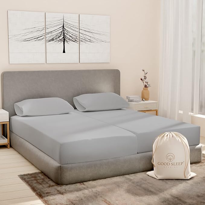 Good Sleep Bedding Split King Sheets Set, 100% Egyptian Cotton, Luxury Sateen Sheets, 5 Piece, 2 Fitted - 16" Deep Pocket, Light Gray GoodSleepBedding