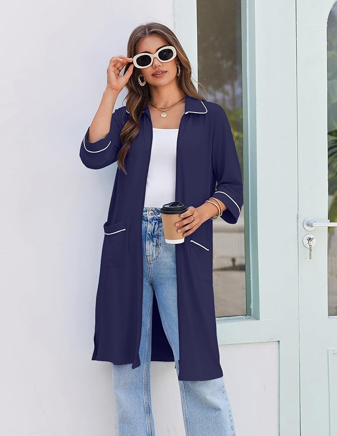 Ekouaer Zipper Robes for Women 3/4 Sleeve Housecoats Knee Length Bathrobe Lightweight Nightgown with Pockets S-3XL