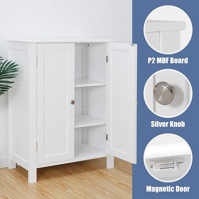 SUPER DEAL Modern Bathroom Floor Storage Cabinet with Adjustable Shelf and Double Door Rust Proof, Living Room Modern Home Furniture Storage Organizer Cabinet