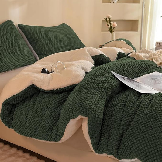 3D Jacquard Design Comforter Set, Ultra-Soft Warm Queen Size Sherpa Fur Plush 3-Pieces Sets Luxury Cozy Bedding with 2 Pillowcases (90"x90", Dark Green)