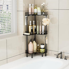 Consumest Corner Shower Caddy Standing - 3-Tier Stainless Steel Shower Organizer with Soap Holder and 4 Hooks, Large Capacity Corner Shelf Stand for Bathroom, Rest Room, Black