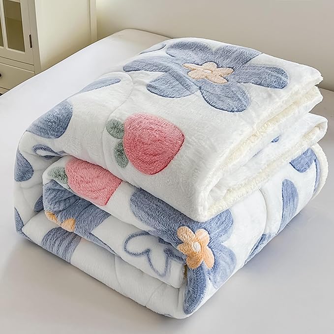 Blue Floral Fleece Comforter Set - 3 Piece Queen Size Thick Fluffy Comforter for Her Girls Women, Plush, Cozy & Warm,Soft Bedding Bedroom Decor for Winter (1 Comforter + 2 Pillow Shams)