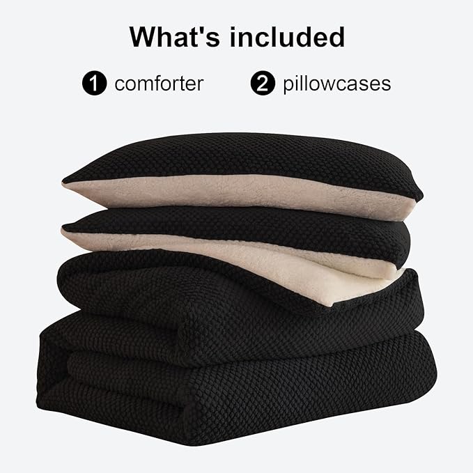 3D Jacquard Design Comforter Set, Ultra-Soft Warm Queen Size Sherpa Fur Plush 3-Pieces Sets Luxury Cozy Bedding with 2 Pillowcases (90"x90", Black)