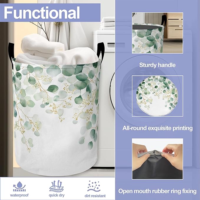 Laundry Basket,Vintage Eucalyptus Leaves Large Canvas Fabric Lightweight Storage Hamper Organizer Dirty Clothes Collapsible Waterproof for College Dorms,Bathroom
