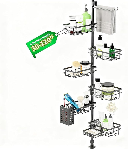 Shower Caddy Corner Organizer Tension Pole Adjustable 30-120 Inches Corner Shelf with Towel Rack, Toothbrush Holder, Soap Dish for Bathroom Organizers and Storage