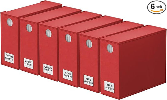 SpaceAid 6 Pack Bed Sheet Organizers and Storage, Foldable Sheet Organizer with Window for Linen Closet, Set Folder Keeper for Queen & King Size Bedding Storage (Red)