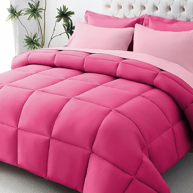 JOLLYVOGUE Twin XL Comforter Set, Ultra-Soft Bed in a Bag Twin XL Size 5 Pieces, Oeko-TEX Certified Bedding Set with Down Alternative Comforter, Sheets, Pillowcases & Shams, Hot Pink & Baby Pink