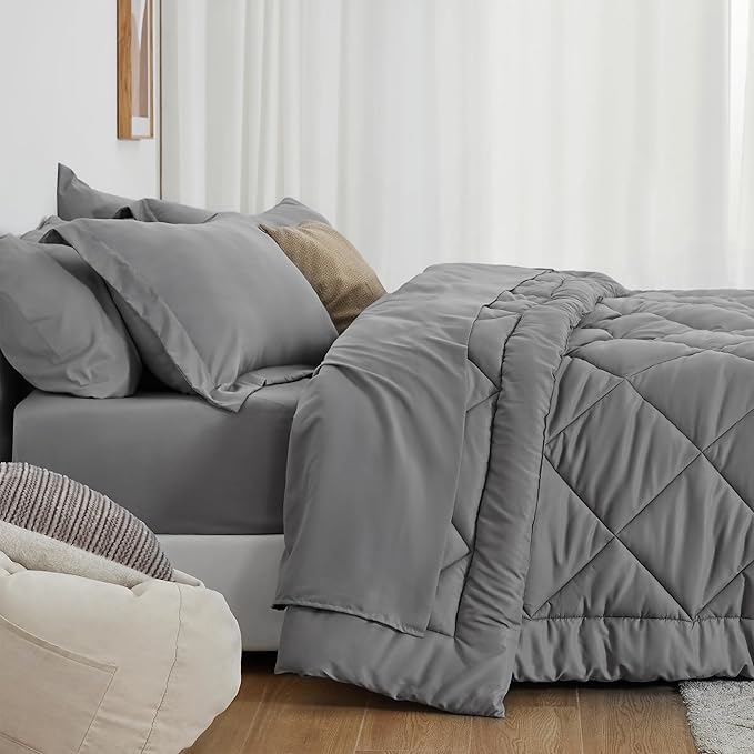 Love's cabin Full Comforter Set Grey, 7 Pieces Full Bed in a Bag, All Season Bedding Sets with 1 Comforter, 1 Flat Sheet, 1 Fitted Sheet, 2 Pillowcase and 2 Pillow Sham