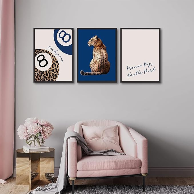 Navy Blue 3 Pcs Leopard Print Wall Art Cheetah animal prints 8 Ball Lucky Me pictures Trendy Wall decor Y2k aesthetics painting artwork for Apartment Dormitory College style Decoration16x24in Poster