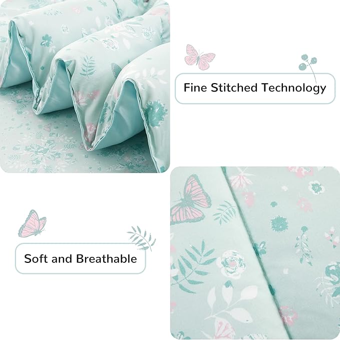 Viviland Kids Full Bedding Sets for Girls, Soft Full Comforter Set with Sheets, 7 Pieces Microfiber Bed in a Bag, Green Butterfly