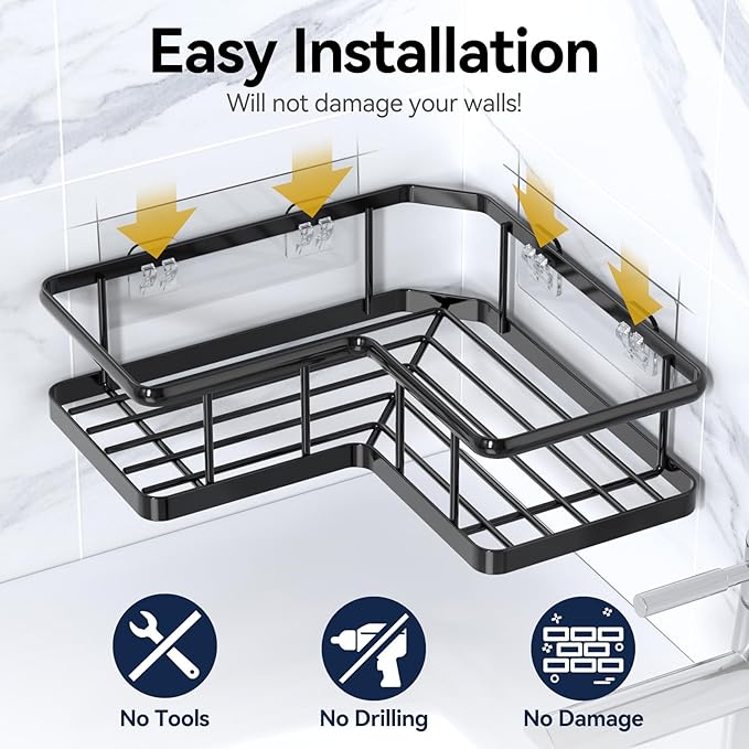 YASONIC Shower Caddy Corner, 3-Pack Adhesive Rustproof Stainless Steel Shower Shelves with Soap Holder, No Drilling Shower Organizer Corner for Dorm, Renters Bathroom, Black