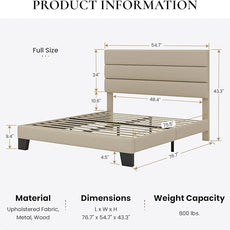 SHA CERLIN Full Platform Bed Frame with Upholstered Fabric Headboard, Mattress Foundation with Strong Wooden Slats Support, No Box Spring Needed, Beige