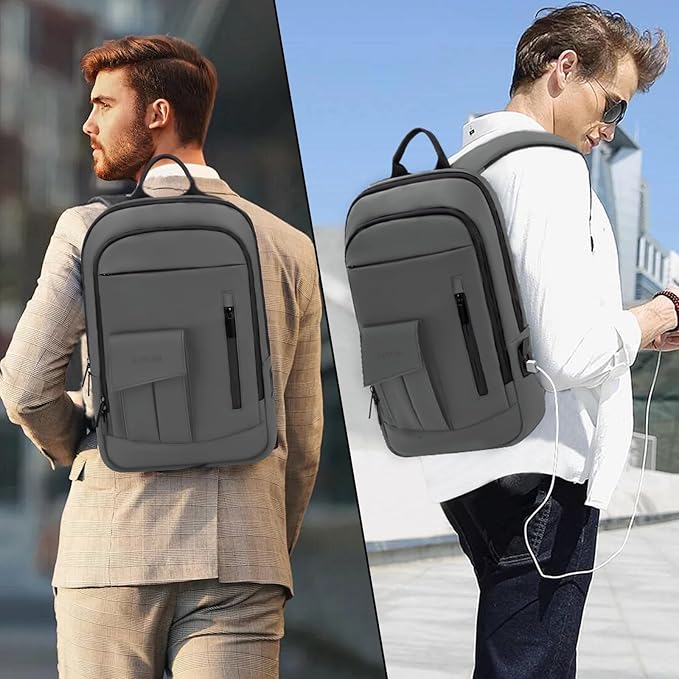 Business Backpack for Men Slim Lightweight Laptop Backpack Water Resistant Small Office Backpack for Commute Travel Daily Office Work with Small Bag (Grey)