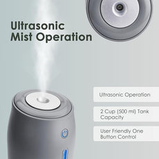 Aqua Glo Personal, Portable Humidifiers for Bedroom – Ultrasonic Cool Mist Humidifier with Built In Rechargeable Battery. Air Humidifier for Baby, Plants, Home, Office, Travel. Gray