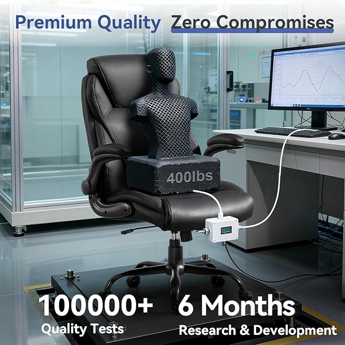 Brage Living 400LBS Big and Tall Office Chair, Leather Executive Desk Chair with Padded Flip-up Arms, Heavy Duty Swivel Rolling Computer Chair for Home Office, Black