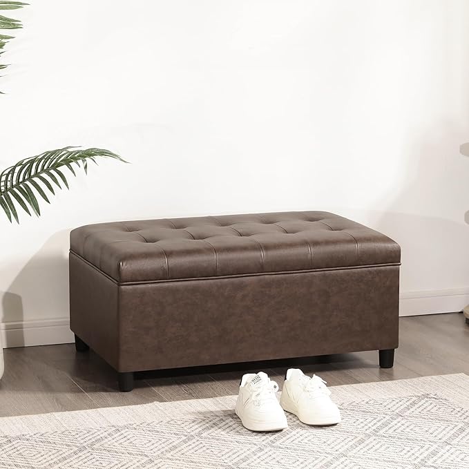 Joveco Rectangular Lift Top Storage Ottoman Bench, Faux Leather Storage Bench for Living Room Entryway Bedroom,Espresso