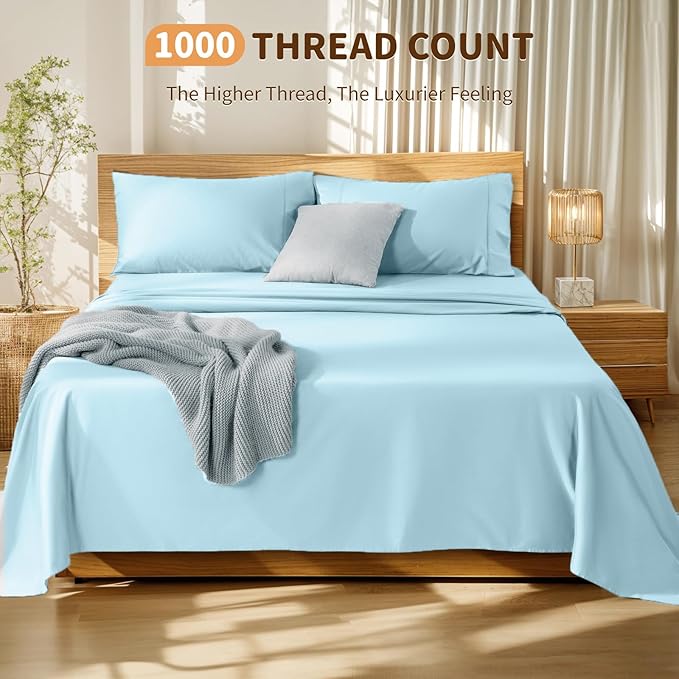 LBRO2M 100% Cotton Sheets Set Deep Pocket 19", 1000 Thread Count King Size 4 Piece Bed Sheet Sets Soft Comfortable Bedding All Season (King, Light Blue) LBRO2MBedding