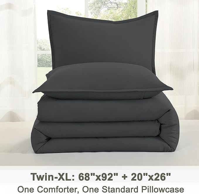 Litanika Comforter Set, Lightweight Solid Bedding Comforter Set, Fluffy Down Alternative Bed Set, Dark Grey, Twin XL