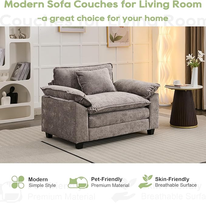 Modular Sectional Sofa, Comfy Cloud Couch Sectional Sofa, Chenille Sofa Sleeper Deep Seat Sofa with Throw Pillows for Living Room (Light Gray, 53"- Single Seat)