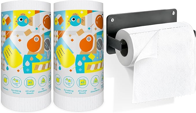 Plant-Based Reusable Cleaning Cloth Rolls, Household Hand Wipes, Ultra Absorbent, Scratch Free, Lint Free, Washable Paper Towels for Home, 45 Sheets per Roll, 2-Roll Pack, 8.6 X 11.8 Inches