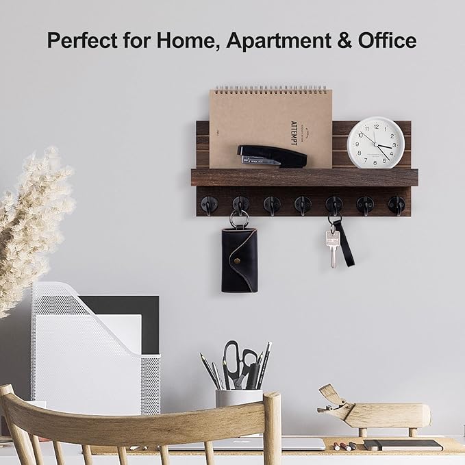 Key Holder Wall Mount, Entryway Key and Mail Holder with 7 Sturdy Hooks for Sunglasses, Dog Leash, Decorative Wall Shelf with Mounting Hardware, 15”W x 6.7”H x 4.2”D (Brown)