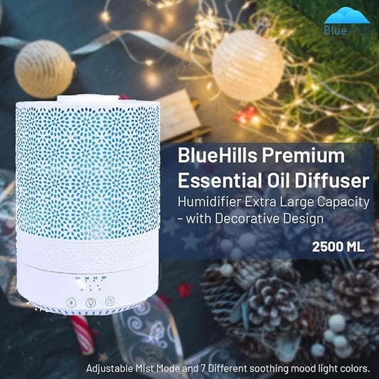 BlueHills 2500 ML XL Essential Oil Diffuser Aroma Humidifier with Timer for Large Home Decor Baby Rooms Big Huge 2.5 L Capacity Long Run Color Changing Lights Decorative Design High Mist White- F002