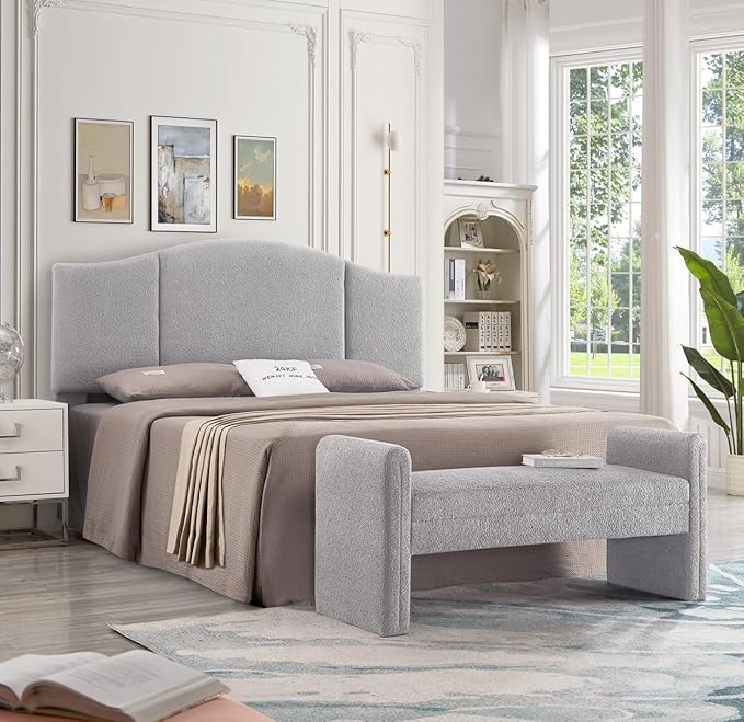 24KF Modern Upholstered Bed Bench Covered with Soft Boucle Teddy Fabric, Lovely Entryway Bench Ottoman with Armrest,5062-Gray
