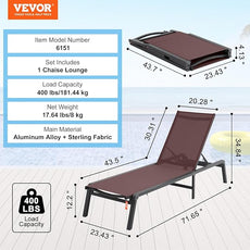 VEVOR Chaise Lounge Chair Outdoor, Aluminum Patio Lounge Chairs with Adjustable 5-Position, Folding Pool Chairs Recliner and Full Flat Tanning Chair for Patio, Beach, Pool, Brown
