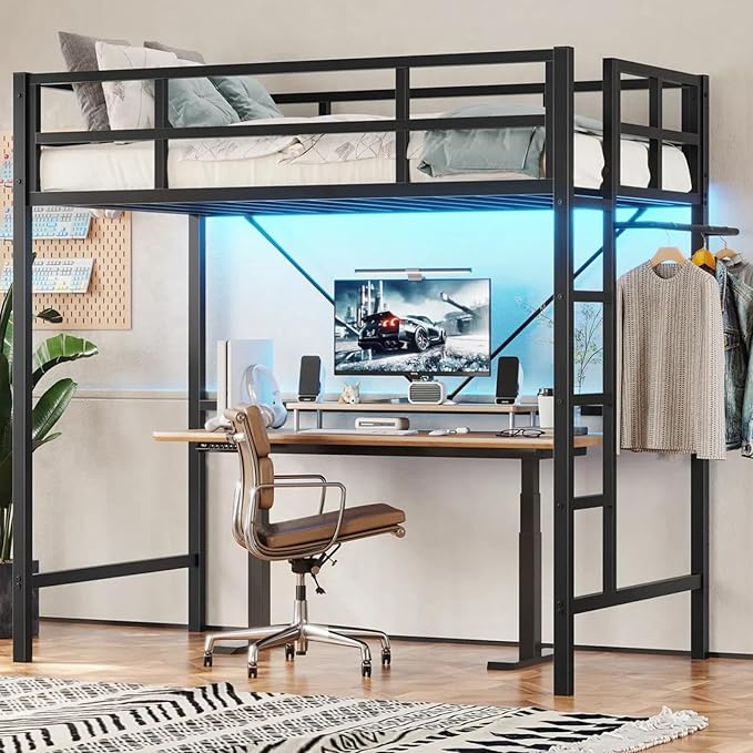 DICTAC Loft Bed Twin Size with Ladder and Guardrail,Metal Twin Loft Bed with Led Lights,Small Space Saving Furniture Design for Bedroom,Kid Room and Dorm,No Box Spring Needed, Black