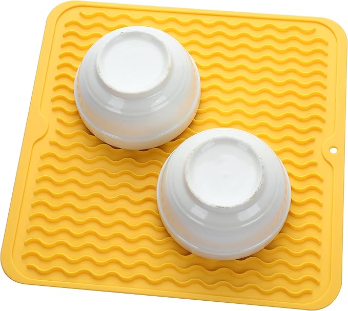 Silicone Dish Drying Mat for Multiple Usage,Easy clean,Eco-friendly,Heat-resistant Silicone Mat for Kitchen Counter or Sink,Refrigerator or Drawer liner Yellow M 12 inches x 12 inches