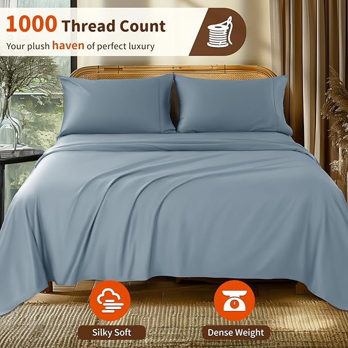 LBRO2M 1000 Thread Count 100% Egyptian Cotton Sheets Set King, 4 Piece Sets Bed Sheet Deep Pocket Sheet Set 16" Soft Comfortable All Season (King, French Blue)