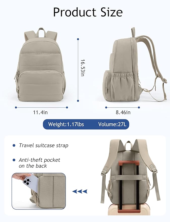 Travel Backpack for Women, 15.6 Inch College Laptop Backpack, Water Resistant Work Backpacks, Cute Quilted Bookbag