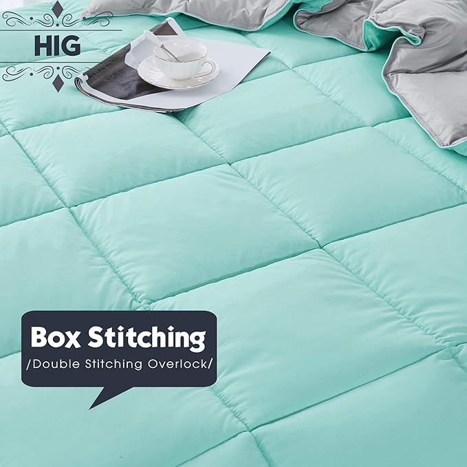 HIG Reversible Lightweight Comforter - All Season Down Alternative Summer Duvet Insert Blue Quilted Bedding Comforters with Corner Tabs Full/Queen Size Aqua Blue/Light Grey