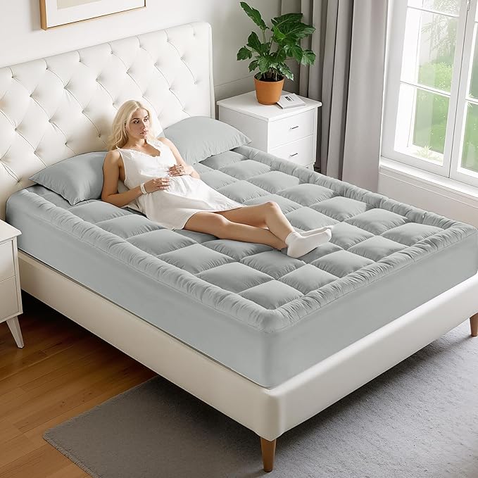 MATBEBY King Size Mattress Pad - Cooling Breathable Mattress Topper, Quilted Fitted Mattress Protector, Pillow Top Mattress Cover with 8-21" Deep Pocket, Machine Washable, Light Grey, 78x80 Inches
